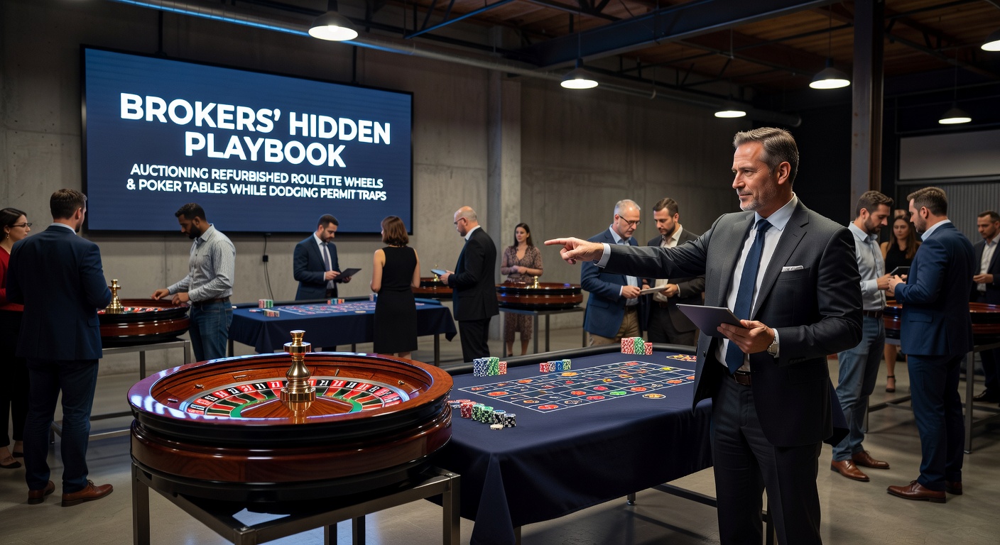 Ein Makler präsentiert ein generalüberholtes Roulette-Rad auf einer Auktion, umgeben von interessierten Käufern in einem belebten Saal