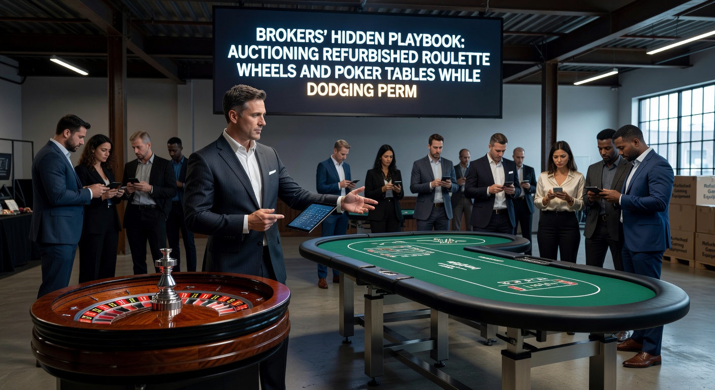 Nahaufnahme eines Poker-Tisches während einer Generalüberholung, mit Technikern, die Filz und Mechanik erneuern