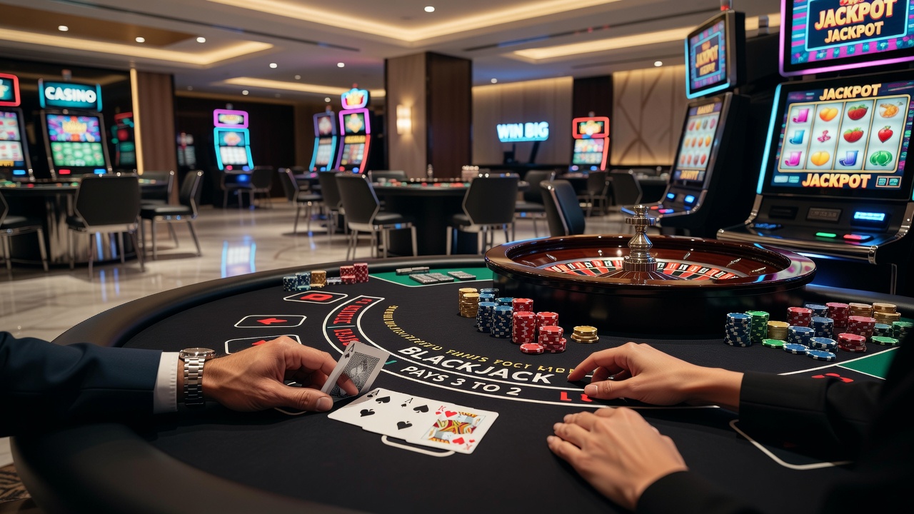 Verschiedene Kasinospiele auf einem Spieltisch mit Roulette und Blackjack