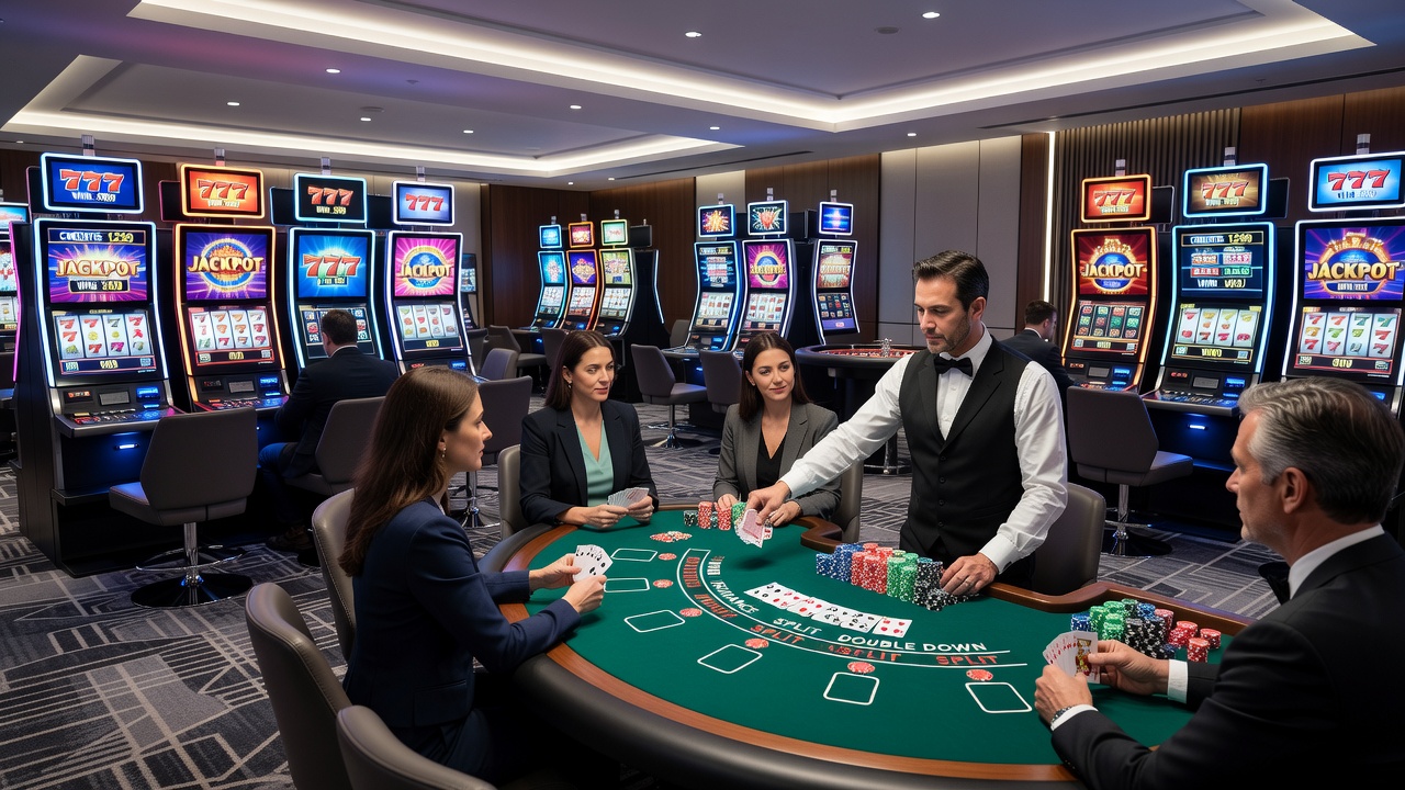 Moderne Casino-Spielautomaten in einer Spielhalle mit digitalen Displays