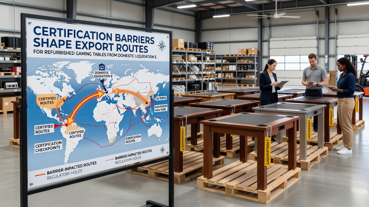 Blick auf exportfertige generalüberholte Spieltische die auf Zertifizierung warten