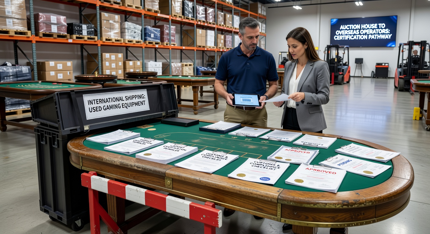 Verpackte Spieltische in einem Lager mit Zertifizierungsdokumenten und Etiketten für den Export