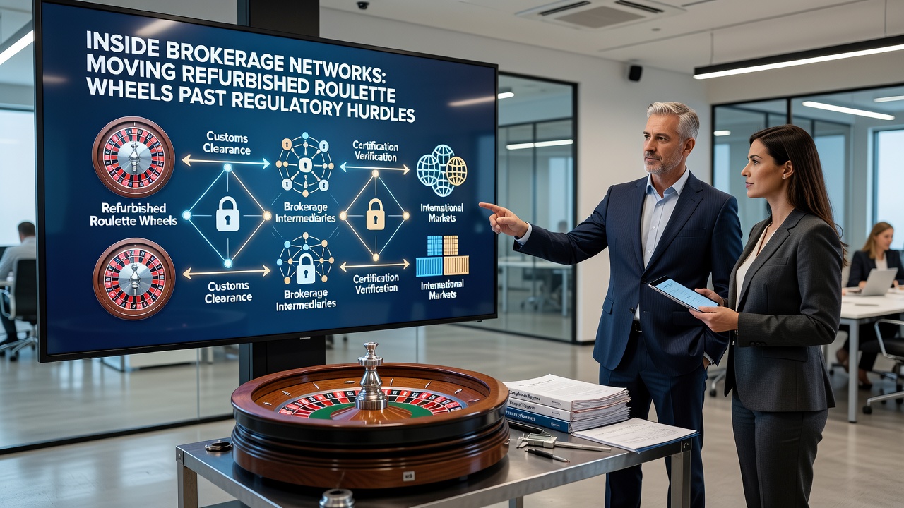 Blick in ein Lagerhaus mit generalüberholten Roulette-Rädern und Broker-Netzwerken